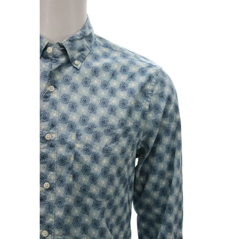 J Crew Mens Cotton Geometric Collared Long Sleeve Button-Down Shirt Blue Size S